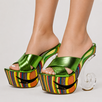 Mules à plateforme vert métallisé pour femme, personnalisables OEM ODM, talon transparent spirale 16 cm, sandales de soirée à brides croisées, sandales à talons en bois, chaussures