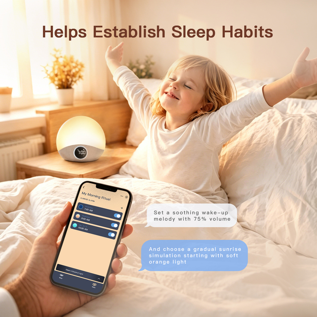 HiFiD APP Controlled Smart Sunrise Wake up Light Digital Alarm Clock with RGB Night Light Bedside Lamp for Heavy Sleepers