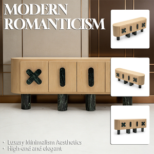 Meuble buffet moderne en bois de chêne <span class=keywords><strong>blanc</strong></span> lavé, artisanat artisanal, avec rangement en marbre vert de luxe - Product Image 2