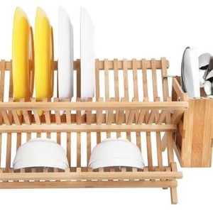 Modern double-layer bamboo upright folding <b>dish</b> <b>rack</b> for kitchen storage and display. - Product Image 4