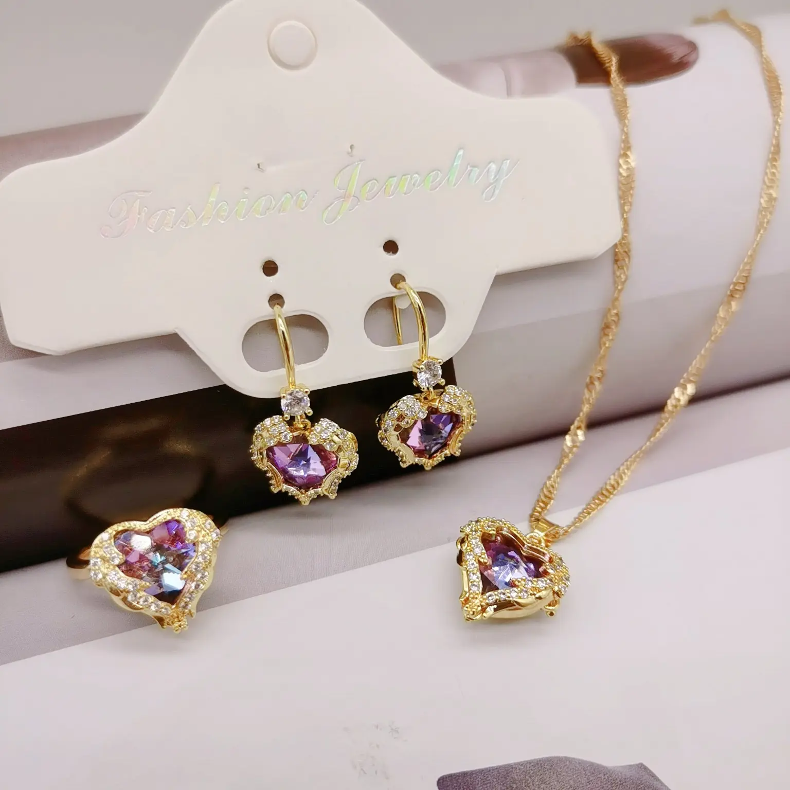 New Style Jewelry 18k Gold Plated Colorful Cubic Zirconia Wedding Cheap Necklace And Earring Sets