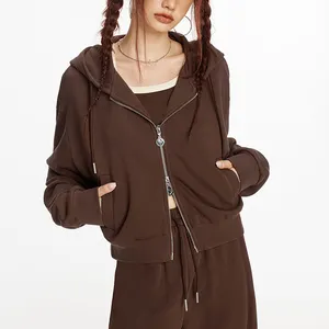 Wholesale Womens High Quality Brown Zipper Women Plain Color Hoodie