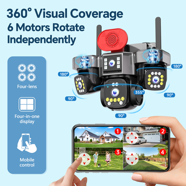 Industrial 4G Solar PTZ IP Camera 6 Motor 4 Lens AOV 24H Recording IP66 Outdoor Surveillance CCTV Camera for Engineering Project