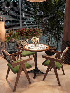 Muebles de Madera para Jardín, Cafetería o <span class=keywords><strong>Restaurante</strong></span>: Mesa de Comedor con Diseño de Hojas Tropicales, Sillas de Madera Maciza con Respaldo en X y Detalles Florales - Product Image 3