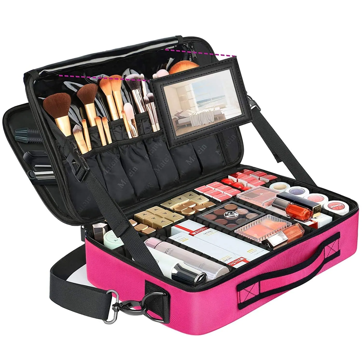 Grande borsa per trucco professionale da viaggio custodia per treno cosmetica organizzatore di pennelli per trucco con specchio borsa per trucco per artista a 3 strati