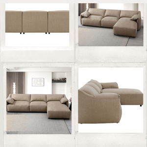 Juego de Sala de Estar Moderno Veata, Sofá Seccional de Gamuza Marrón Claro y Silla de Cuero Color Marfil, Material de Madera y Tela - Product Image 3