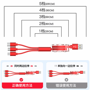 Retractable 3-in-1 Charging <b>Cable</b> <b>Type</b>-<b>C</b> <b>USB</b> For Mobile Phone Red 0.5m Shielded Plastic Jacket - Product Image 3