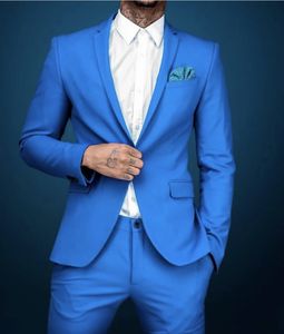 Klasik mavi çentikli yaka erkek takım elbise 2 adet ceket + pantolon bir düğme Slim Fit iş resmi smokin balo adam blazer - Product Image 2