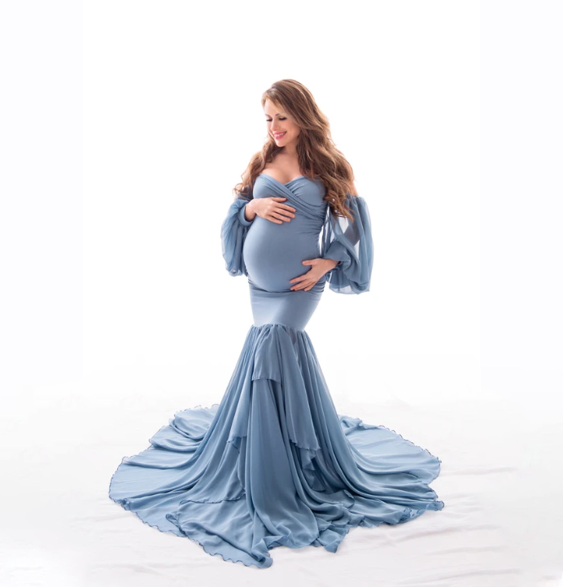 Lastest Casual Sexy Pregnant Evening Dress Diagonal Neckline Short-Sleeved Photography Women Maternity Gown And Dress