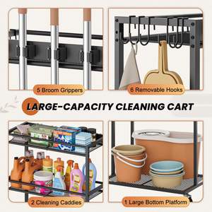 Suporte De Vassoura Com Organizador De Limpeza Armário De Armazenamento Com Esfregão Cabide Garra Rack Ganchos Limpeza Housekeeping Cart - Product Image 4