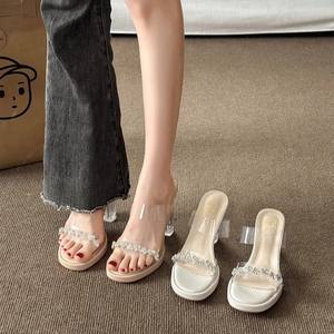 Femmes nouveau 2025 été vêtements d'extérieur sandales <span class=keywords><strong>talon</strong></span> épais <span class=keywords><strong>talon</strong></span> haut fée pantoufles beau cristal <span class=keywords><strong>Transparent</strong></span> carré ouvert - Product Image 3
