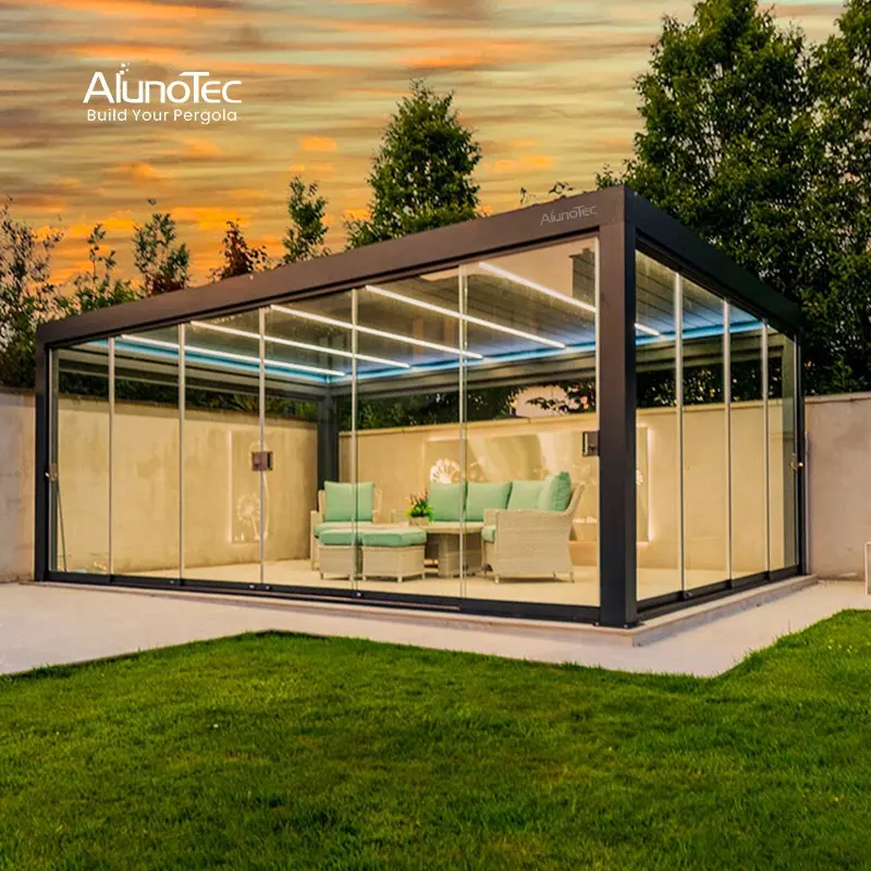 AlunoTec Modern teras otomatis lengkungan luar ruangan bioclisatic Aluminium Pergola membuka atap Louvred