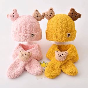 곰 스타일 두꺼운 겨울 단색 극세사 유아 아기 모자 스카프 2 종 세트 만화 어린이 따뜻한 모자 스카프 세트 - Product Image 4