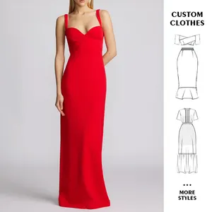 OEM Women Fashion Clothes Elegant Slip Prom Outfit Club Outfit Elegant Sexy Maxi Trumpet Red Evening Dress Solid Ruched