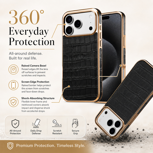 Denior Luxury Refined Texture Grip Hand Feel Detail Top Grain Cowhide Crocodile Pattern Cover for Apple 17 16 15 14 13 12 Series
