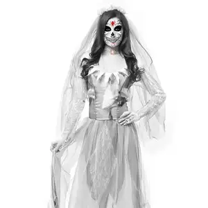Kostum Cosplay Wanita Halloween Gaun Pengantin Zombie Hantu Mati Horor
