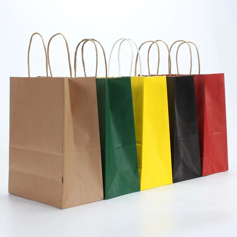 حقيبة ورقية للتسوق مقاومة للماء ملونة رخيصة، حقائب ورقية من ورق كرافت مع مقبض حبل
