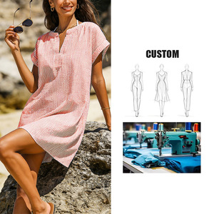 Nuovo <span class=keywords><strong>Abito</strong></span> Estivo da Donna Casual in Tessuto Intrecciato Mini con Scollo a V Manica Corta Vita Naturale Rosso <span class=keywords><strong>Corallo</strong></span> a Righe Traspirante da Spiaggia - Product Image 1