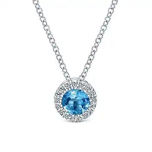 SKA 925 silver Round Blue Topaz and Diamond Halo Necklace dainty necklace women's
