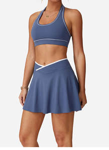 高品质拉绒性感挂脖高尔夫裙套装拼色V腰女式健身运动网球服带短裤 - Product Image 5