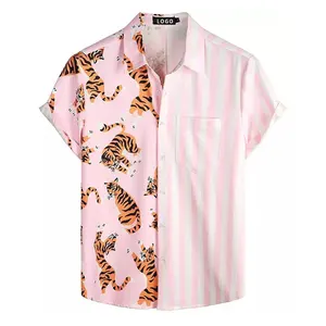 Гавайская рубашка мужская с цифровым принтом, Повседневная пляжная сорочка из искусственного шелка, в стиле пэчворк, гавайский принт