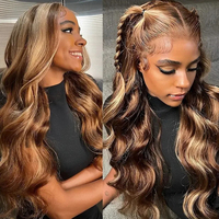 Pelucas de Cabello Humano con Ondas Corporales Color Miel con Reflejos, Pelucas Frontales de Encaje Completo 13x4, Cabello Humano con Encaje HD, Peluca con Reflejos Rubios Marrones