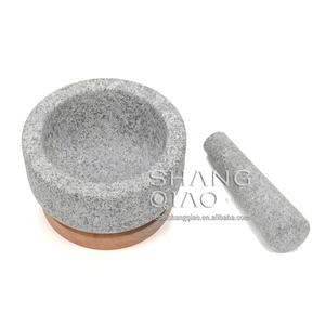 Pabrik grosir peralatan dapur mangkuk batu abu-abu alami padat granit Mortar dan alu dengan dasar kayu - Product Image 4