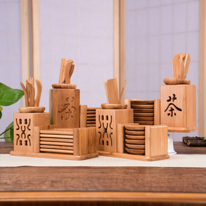 Juego de Té de Bambú Seis Caballeros, Diseño Hueco, Accesorios Tradicionales para Té, Bandeja de Té Kung Fu Ecológica con Cuchara - Product Image 1