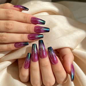 Uñas Postizas de Lujo con Efecto Camaleón, Forma Ataúd Larga, Metálicas Duocromáticas Púrpura y <span class=keywords><strong>Verde</strong></span>, Cobertura Completa, Reutilizables, Acrílicas - Product Image 2