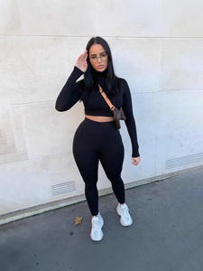 Setelan Olahraga Wanita Kasual Dua Potong Model Skinny Lengan Panjang Motif Print Panjang Se-mata Kaki Bahan Polyester untuk Yoga - Product Image 5