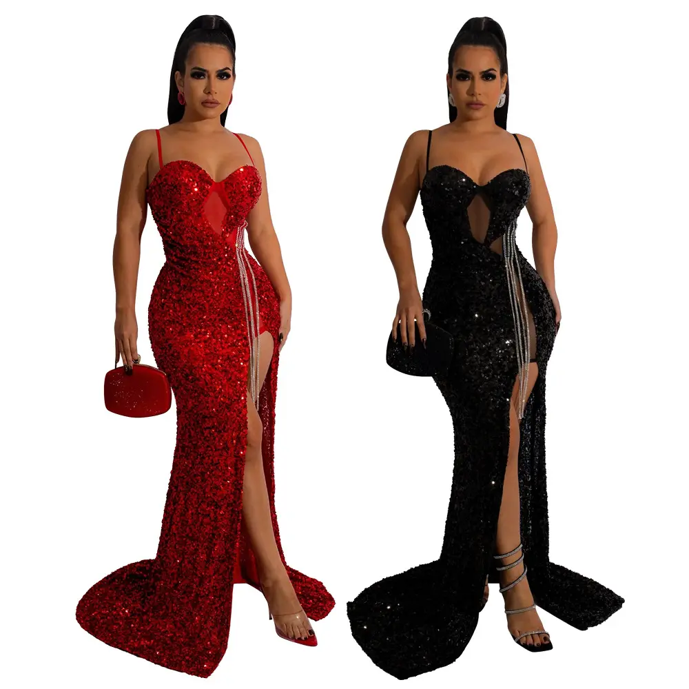 Neues Herbst kleid Elegantes formelles Abendkleid Hochs chlitz kleid Prom Party Sweep Train Pailletten Maxi Long Slip Kleider für Frauen