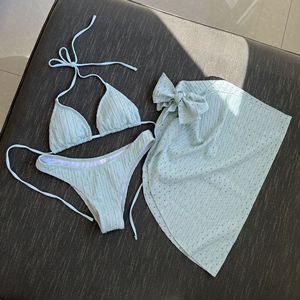 Conjunto de traje de baño de tres piezas para mujer, bikini de color liso acanalado sin espalda con tirantes ajustables de elastano/algodón para natación/deportes acuáticos - Product Image 3