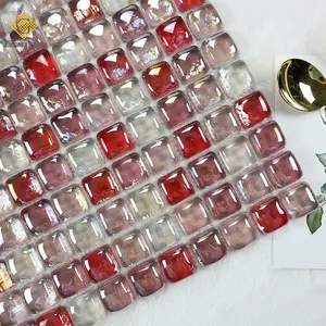 Colour Glass Mosaic Glossy Square Shape Color Glazed Red And Pink Suger Iridescent Glass Mosaic