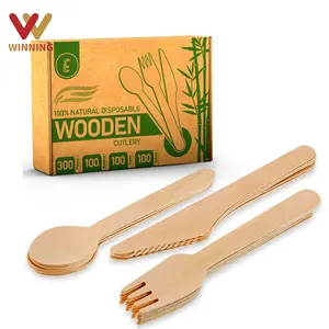 Chiến thắng bán buôn sinh thái chịu nhiệt Fork Spoon Knife Set với giấy khăn ăn tre wooded dùng một lần dao kéo