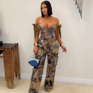 K3296 Europeo Americano impreso pintura al óleo patrón cordón multi-Bolsillo pantalones conjunto flaco Casual uso diario corto otoño - Product Image 4