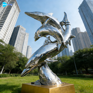 تمثال دولفين مجوف حديث من الفولاذ المقاوم للصدأ 304 316، فن معدني مخصص ملحوم للاستخدام الخارجي في المساحات العامة الكبيرة، منحوتة وشعار. - Product Image 1