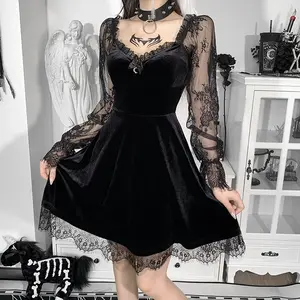 Goth Velour Gothic Aesthetic Vintage Dresses Women's Lace Patchwork Grunge Black Dress Long Sleeve A-line Autumn Partywear