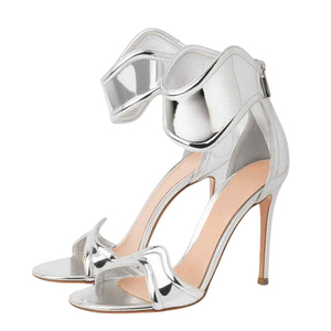 Zapatos de tacón alto para mujer con cremallera trasera, sandalias metálicas de charol con punta abierta y tira única en el tobillo - Product Image 5