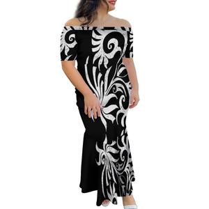 Vestido de sirena de arte de la isla del Pacific, <span class=keywords><strong>blanco</strong></span> y negro, un hombro, cola de pez, lavable, hawaiana, Polinesia, Tapai, alta calidad - Product Image 1