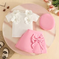 Ensemble de vêtements 3 pièces pour bébé fille, haut côtelé à manches courtes avec fleurs 3D, jupe à nœud et chapeau béret