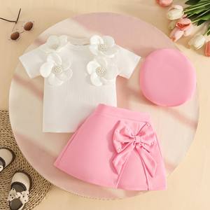 Vêtements pour filles, t-shirt à manches courtes avec fleurs 3D, culottes, ensemble de 2 pièces pour filles, vêtements d'été doux pour enfants - Product Image 3