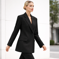Veste de costume pour femme, noire, unie, en tissu peigné, mi-longue, à un bouton, coupe ajustée, col cranté, broderie à la main, blazer long pour le bureau