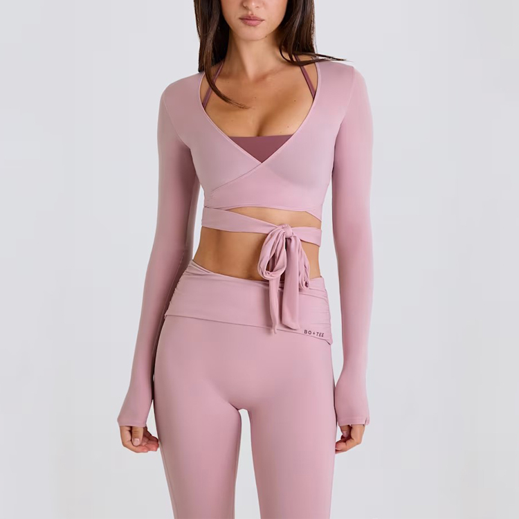 Custom Logo Front Women Breathable Lightweight Long Sleeve Soft Fitted Crop Top Ballet Fitness Pilates Yoga Wrap