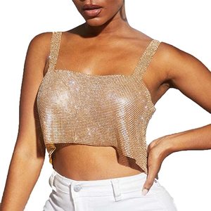 Débardeur Sexy brillant d'été sans manches en strass, Top scintillant en cristal strass métal <span class=keywords><strong>maille</strong></span> débardeurs pour femmes - Product Image 1