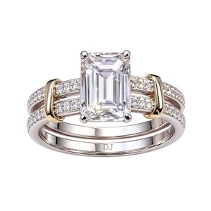 925 Sterling <b>Silver</b> <b>Emerald</b> Cut White Topaz <b>Ring</b> Split Shank Bridal Set Engagement <b>Ring</b> Wedding Band Set - Product Image 1