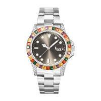 Reloj de Pulsera de Acero Inoxidable con Esfera de Diamantes de Hip Hop al por Mayor, Reloj de Cuarzo con Movimiento Japonés, Reloj de Oro con Piedras de Arcoíris para Hombre