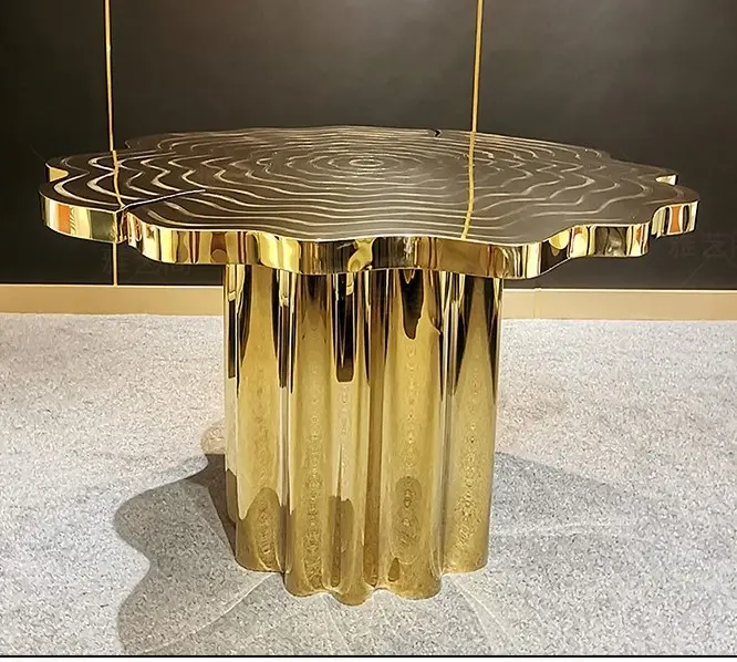 Lüks benzersiz altın paslanmaz çelik tasarımcı aşk mobilya pirinç ağaç gövdesi 1.3 M yuvarlak yemek masası 6 sandalye için