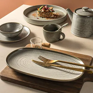 Factory Direct Wholesale Retro Restaurant Hotel Vajilla Platos Grey Porcelain Serving Oval Fish Plate Gescchirr Ceramic Plate