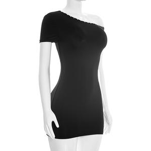 Viviblook C26DS041 Vestido de Verano Sexy para Mujer, Asimétrico, con Aberturas, Hombros Descubiertos, Manga Corta, Mini Vestido de Fiesta - Product Image 3