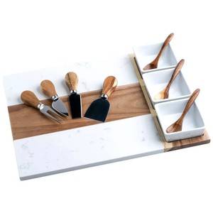 Nouvelle planche à découper rectangulaire jetable en marbre et <span class=keywords><strong>bois</strong></span> avec 3 bols en céramique - Ustensiles de cuisine - Product Image 6